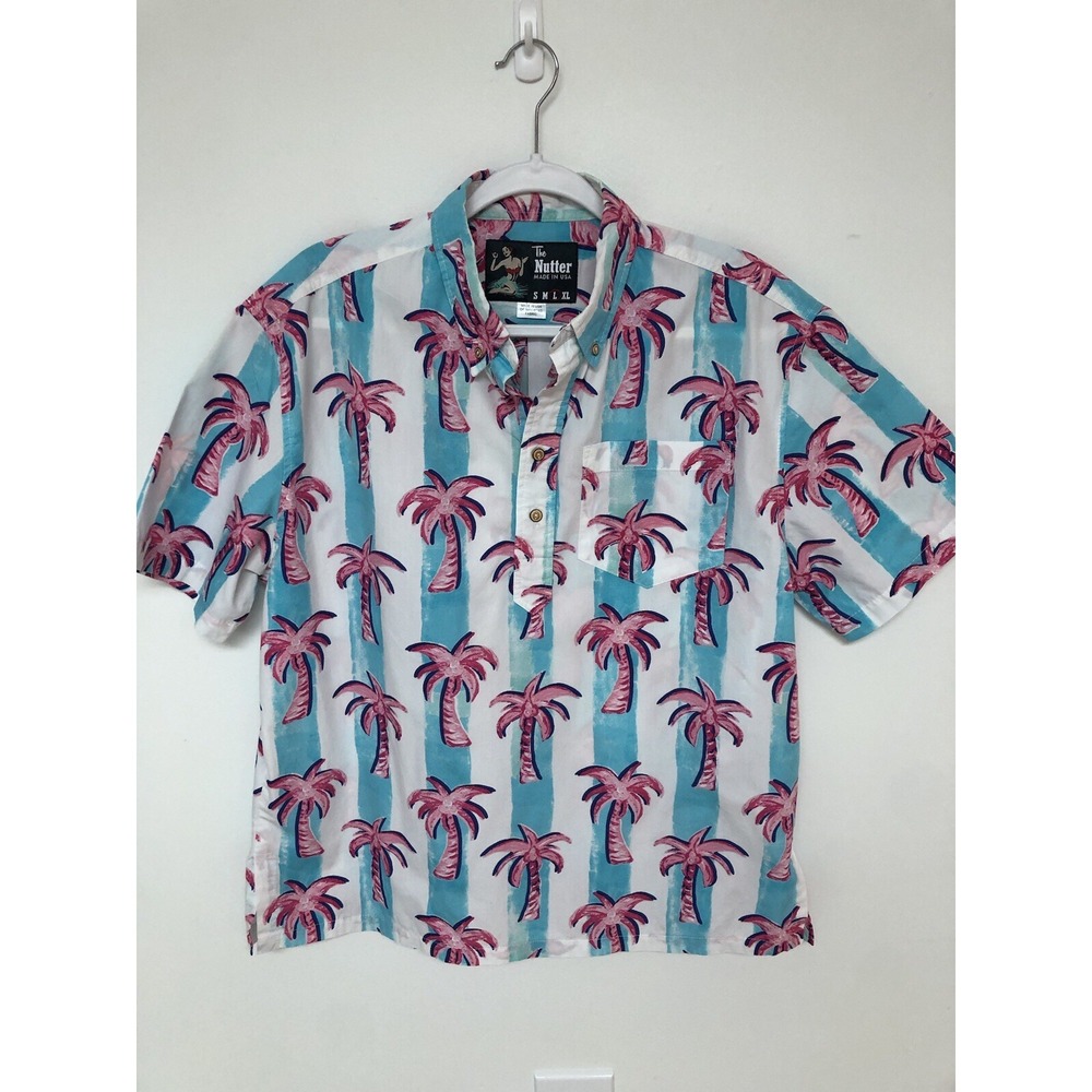 The Nutter Chubbies Mens Blue Striped Palm Tree Short Sleeve Coastal Shirt Sz L